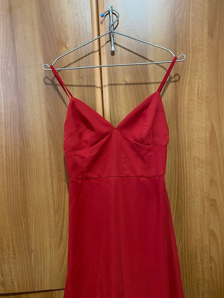 Kırmızı Uzun Drapeli V Yaka Kadın Elbise - Görsel 2