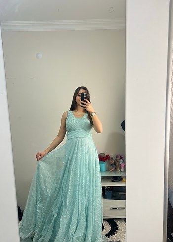 Uzun Mavi Transparan V Yakalı Kadın Abiye - Görsel 4