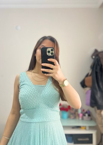 Uzun Mavi Transparan V Yakalı Kadın Abiye - Görsel 6