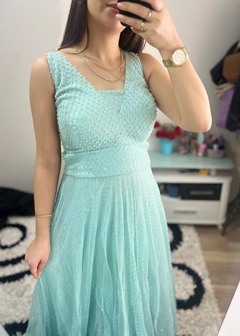 Uzun Mavi Transparan V Yakalı Kadın Abiye - Görsel 7