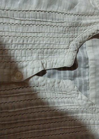 Düğmeli Kısa Kollu Beyaz Keten Gömlek - Görsel 3