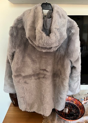 Gri Kadın Midi Boy Suni Kürk Ceket - Görsel 3