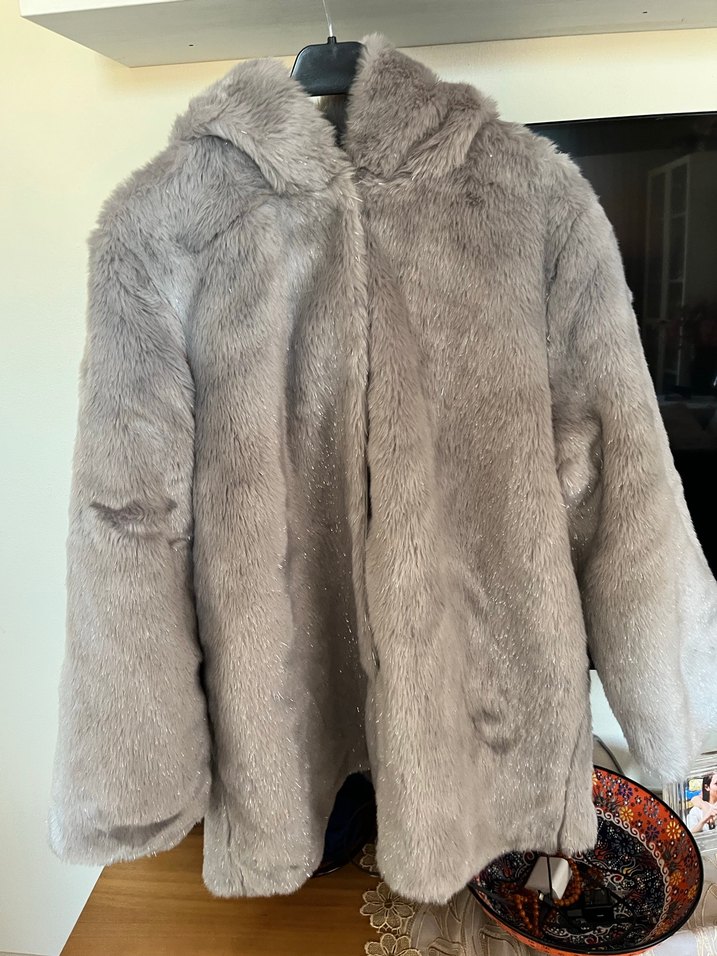 Gri Kadın Midi Boy Suni Kürk Ceket - Görsel 2