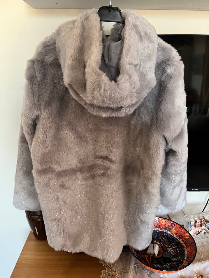 Gri Kadın Midi Boy Suni Kürk Ceket - Görsel 3