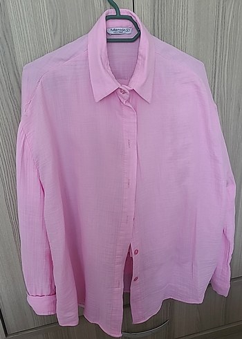 Pembe Keten Gömlek, Uzun Kollu, Düğmeli