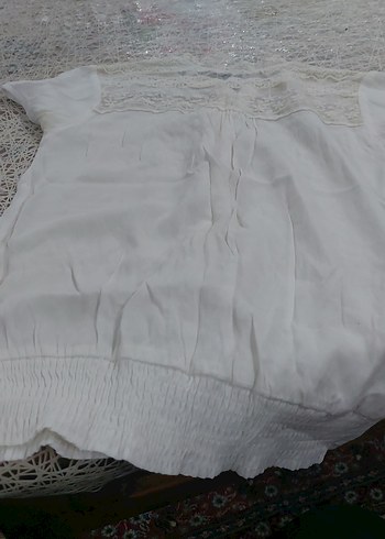 Dantel Detaylı Beyaz Keten Kadın Bluz - Görsel 7