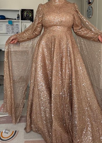 Parlak Bej Uzun Kollu Abiye Elbise - Görsel 5