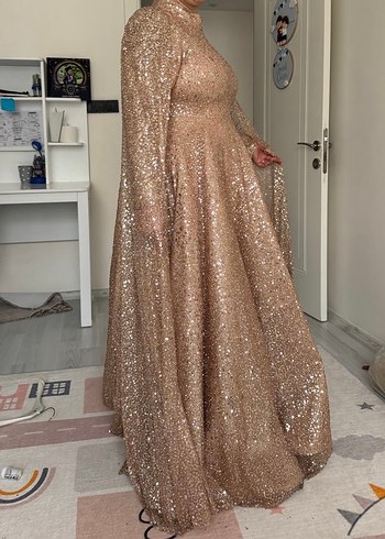 Parlak Bej Uzun Kollu Abiye Elbise - Görsel 6