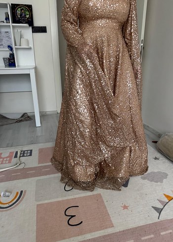 Parlak Bej Uzun Kollu Abiye Elbise - Görsel 7