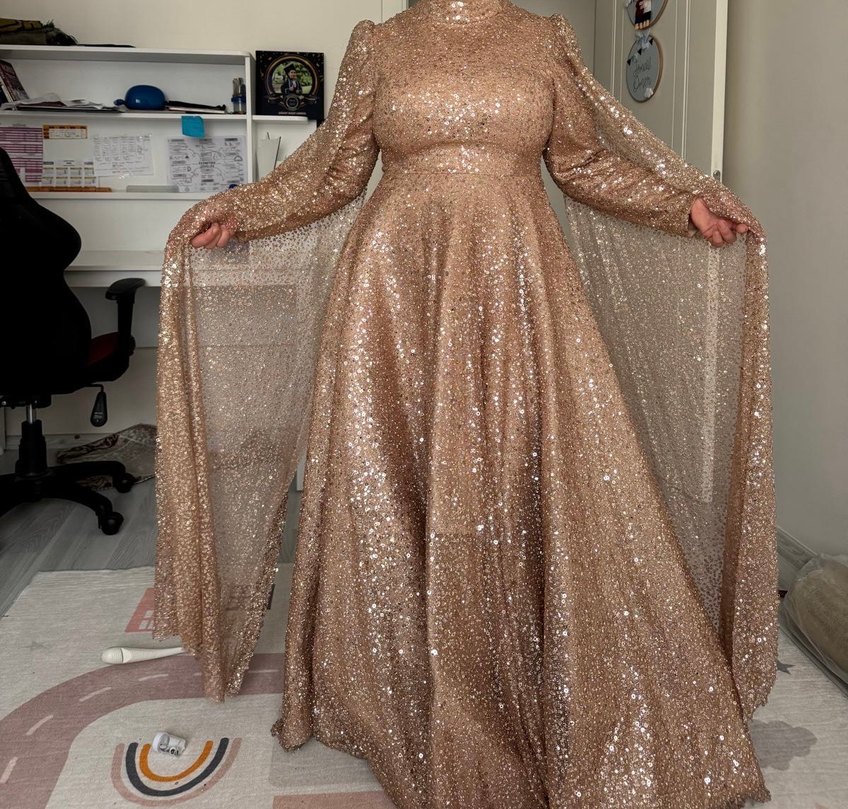 Parlak Bej Uzun Kollu Abiye Elbise - Görsel 5