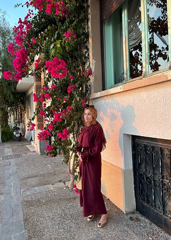 Bordo Etnik Desenli Uzun Bohem Elbise - Görsel 3