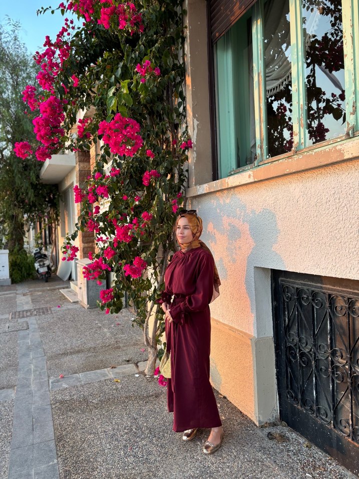 Bordo Etnik Desenli Uzun Bohem Elbise - Görsel 3