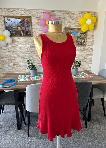 Kırmızı Yüksek Yakalı Kadın Triko Elbise - Görsel 6