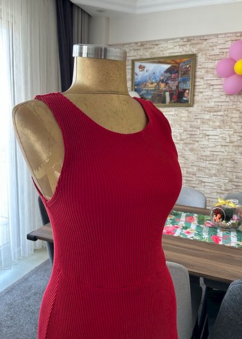 Kırmızı Yüksek Yakalı Kadın Triko Elbise - Görsel 2