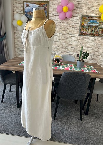 Beyaz Askılı Uzun Keten Elbise - Görsel 3