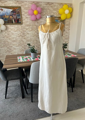 Beyaz Askılı Uzun Keten Elbise - Görsel 8