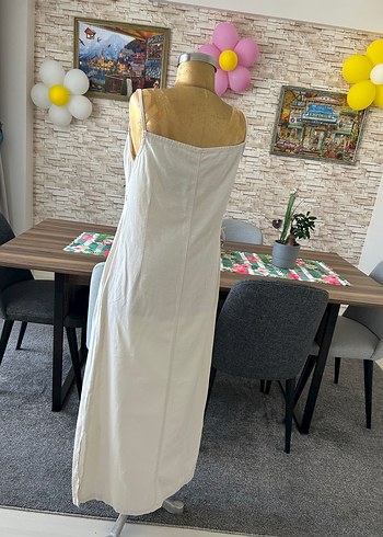 Beyaz Askılı Uzun Keten Elbise - Görsel 2