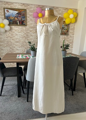 Beyaz Askılı Uzun Keten Elbise - Görsel 9