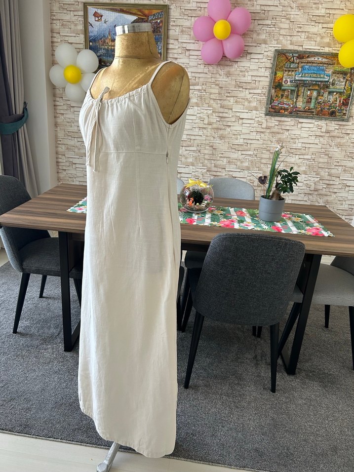 Beyaz Askılı Uzun Keten Elbise - Görsel 3
