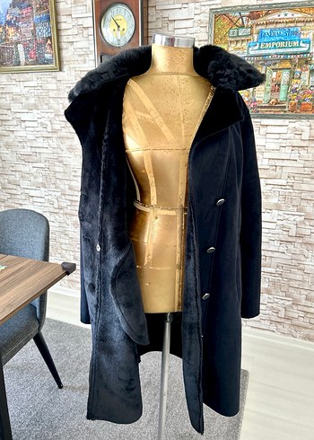 Siyah Süet Uzun Kürklü Kaban - Görsel 7