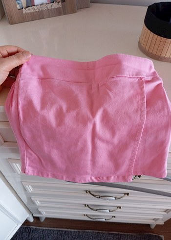 Düğmeli Pembe Mini Hamile Eteği