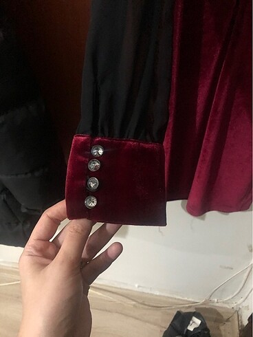 s Beden bordo Renk Kadife tül detaylı elbise