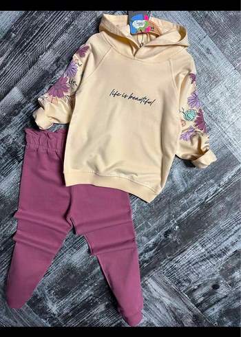 10 Yaş Beden Kız Çocuk Pembe Bağlama Desenli Kapüşonlu Sweatshirt