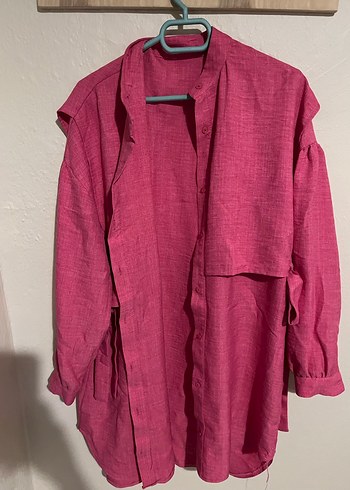 Pembe Keten Düğmeli Salaş Kadın Gömlek