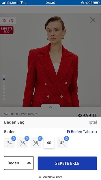 36 Beden kırmızı Renk Ceket