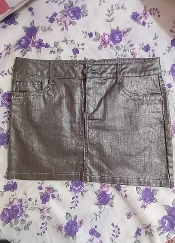 Oxxo metalik gri jean mini etek