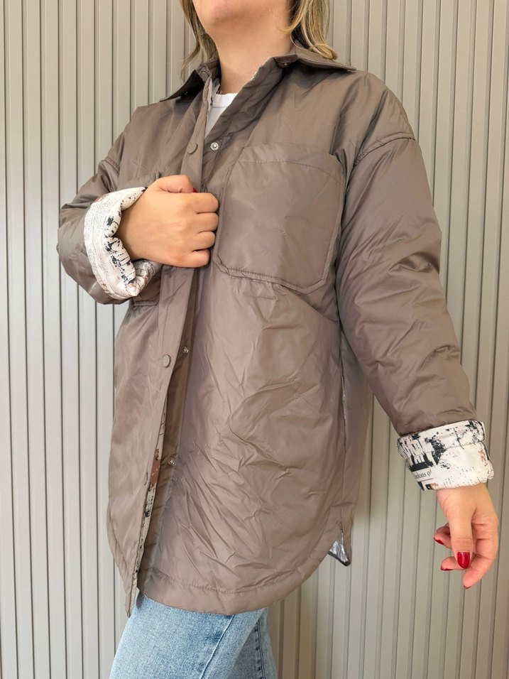 Çıtçıtlı bej Midi Kadın Kış Ceketi - Görsel 3