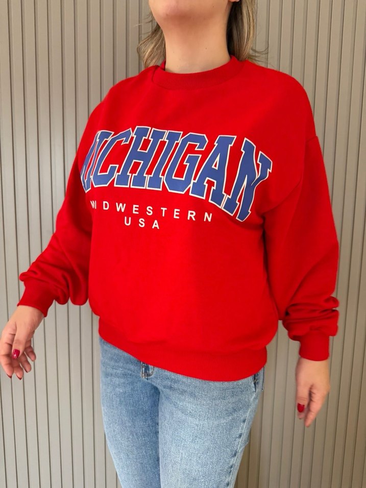 Kırmızı Baskılı Street Style Sweatshirt - Görsel 2