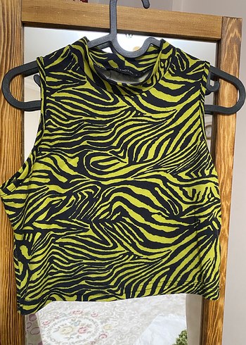 s Beden Sarı Zebra Desenli Kolsuz Mini Bluz