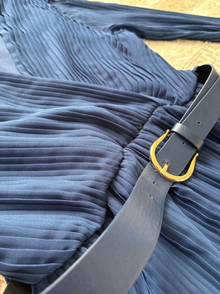 Trendyolmilla Lacivert Kemerli A Kesim Piliseli Maxi Elbise - Görsel 4