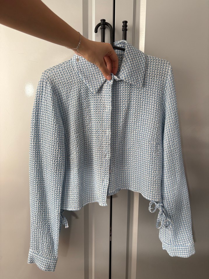 Düğmeli Mavi Pötikareli Kadın Gömlek - Görsel 2