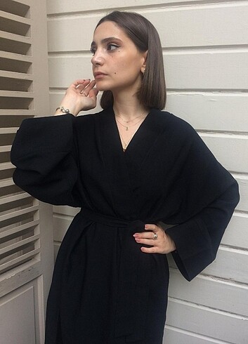 Siyah-Bej Keten Kimono