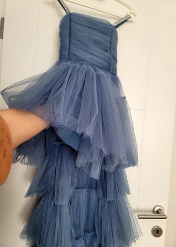 Straplez Gri Mavi Uzun Hamile Abiye Elbise - Görsel 2