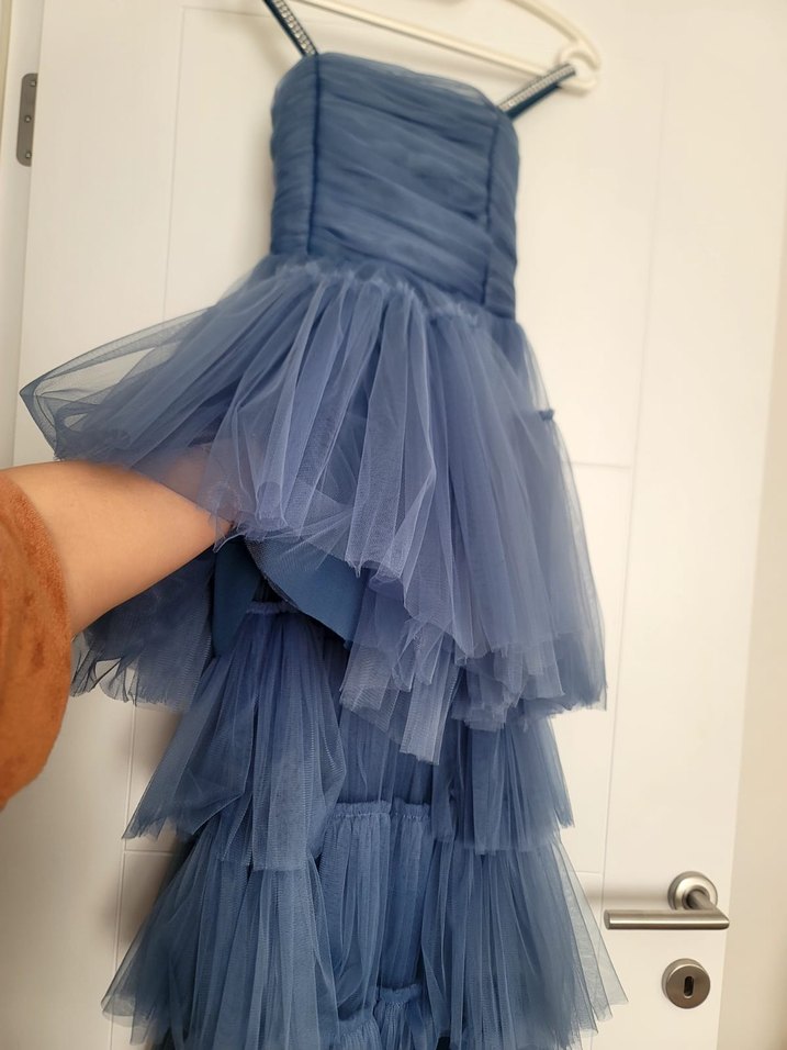 Straplez Gri Mavi Uzun Hamile Abiye Elbise - Görsel 2