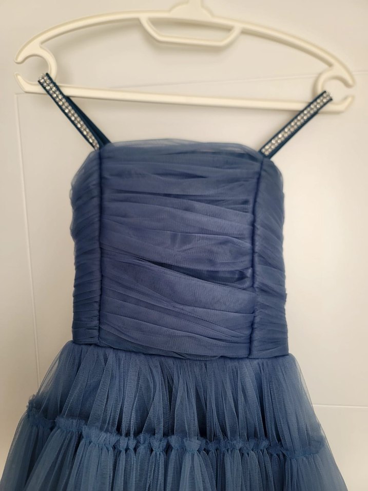 Straplez Gri Mavi Uzun Hamile Abiye Elbise - Görsel 3