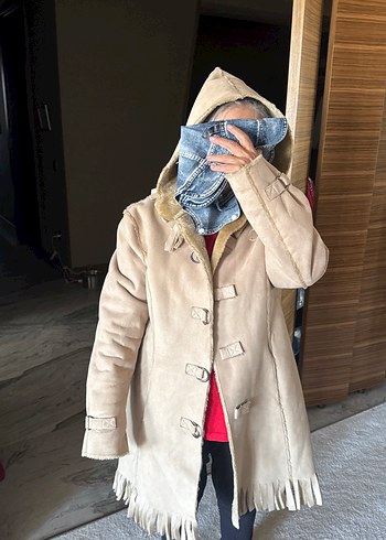 Düğmeli Bej nubuk Kadın Midi Kaban - Görsel 10