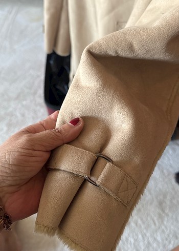 Düğmeli Bej nubuk Kadın Midi Kaban - Görsel 7