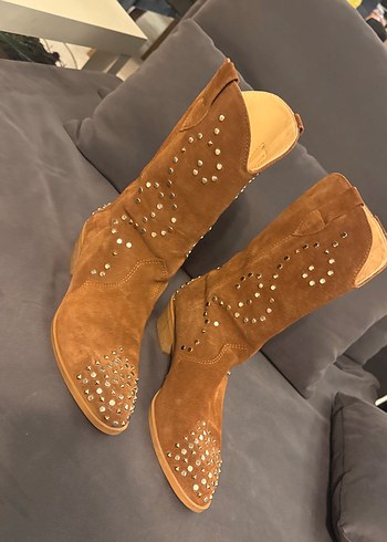 Kahverengi Süet İşlemeli Yüksek Topuklu Kadın Bot - Görsel 14