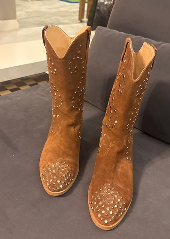 Kahverengi Süet İşlemeli Yüksek Topuklu Kadın Bot - Görsel 13