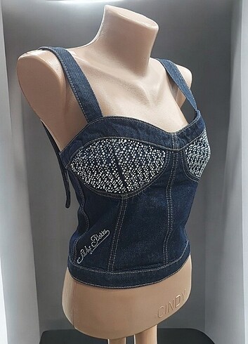 Taşlı Crop Denim Bluz Büstiyer Korse