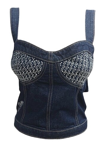 Diğer Taşlı Crop Denim Bluz Büstiyer Korse