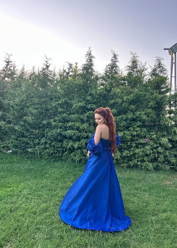 Drapeli Mavi Uzun Straplez Kadın Abiye - Görsel 2