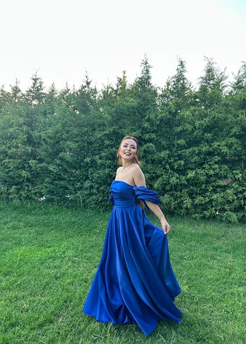 Drapeli Mavi Uzun Straplez Kadın Abiye - Görsel 3