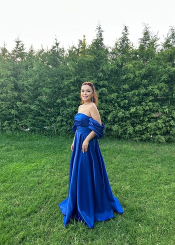 Drapeli Mavi Uzun Straplez Kadın Abiye - Görsel 7