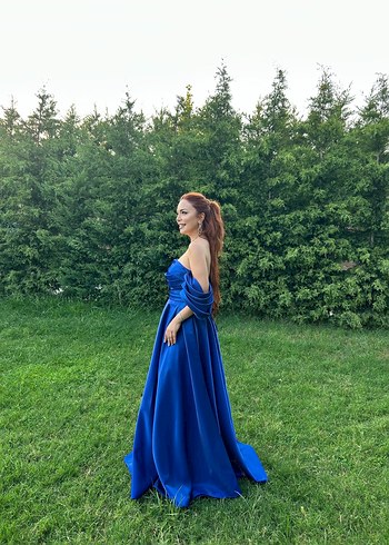 Drapeli Mavi Uzun Straplez Kadın Abiye - Görsel 6