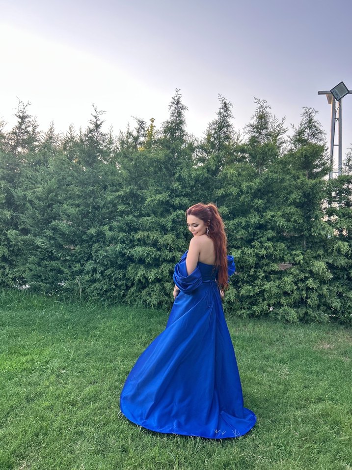 Drapeli Mavi Uzun Straplez Kadın Abiye - Görsel 2